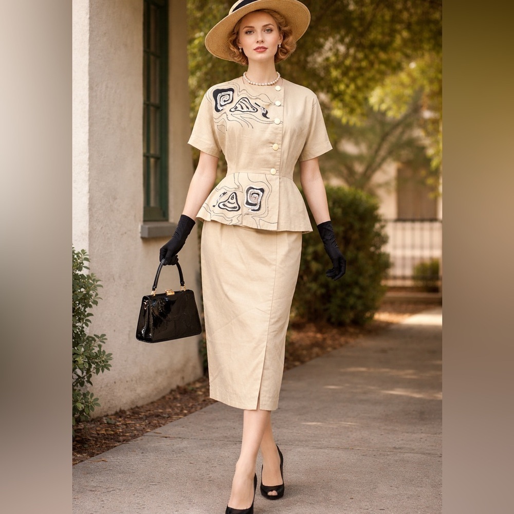 Mijoli Vintage 80’ Sequins embroidered ramie linen midi peplum dress size 8